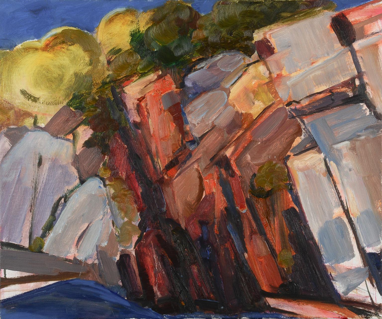 Eileen Mueller Landscape Painting - Flat Ledge Quarry with Golden Trees
