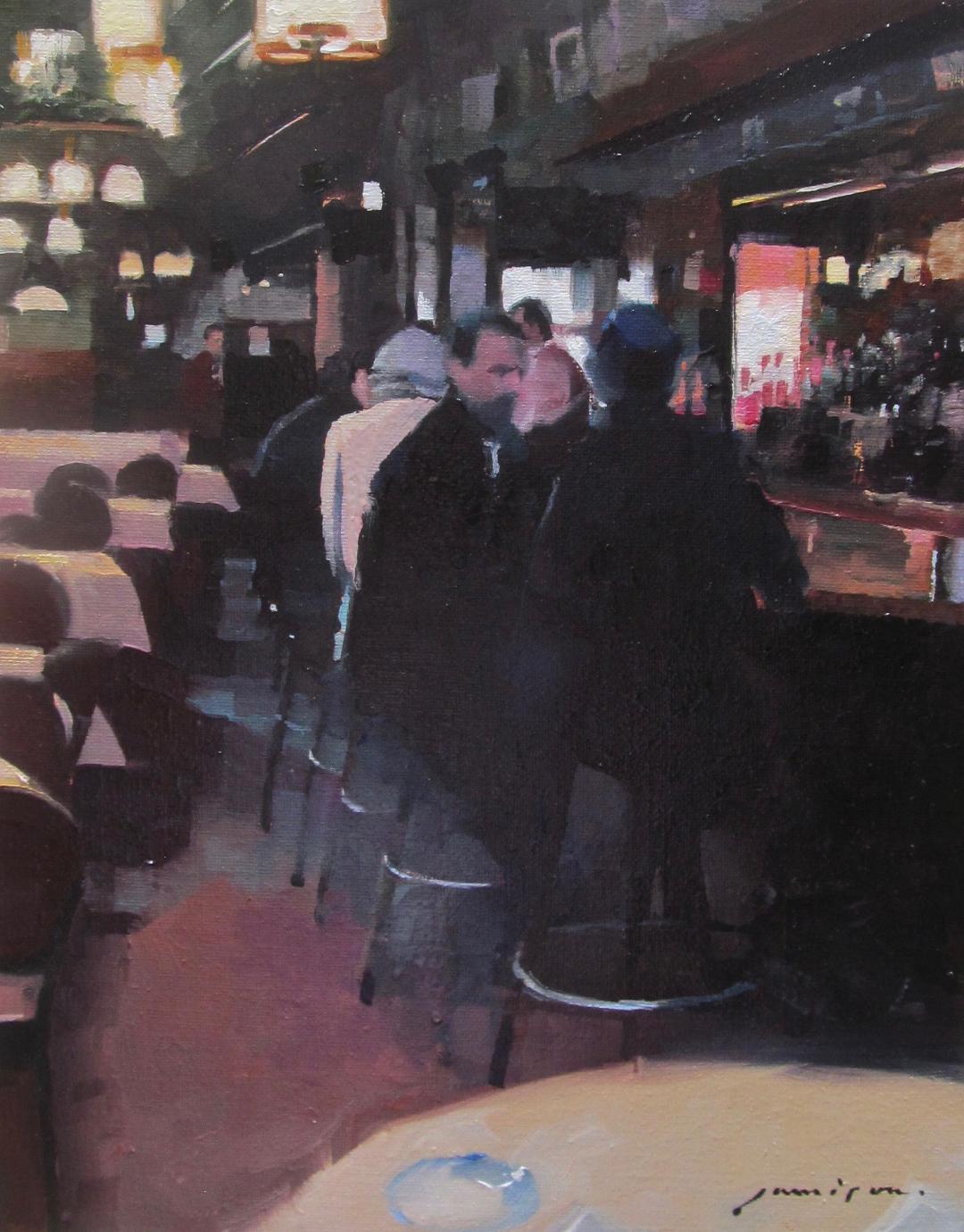 Jeff Jamison  Figurative Painting - Jeff Jamison, "Midtown Secret", Manhattan Restaurant Oil Painting on Canvas 
