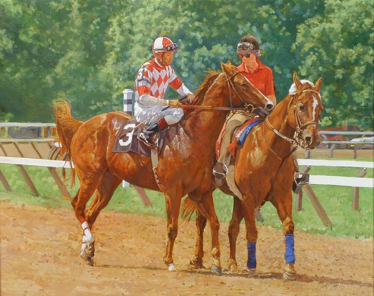 Dahl Taylor, "#3 on the Backstretch", Realistic Equine Oil Painting on Canvas - Brown Animal Painting by Dahl Taylor