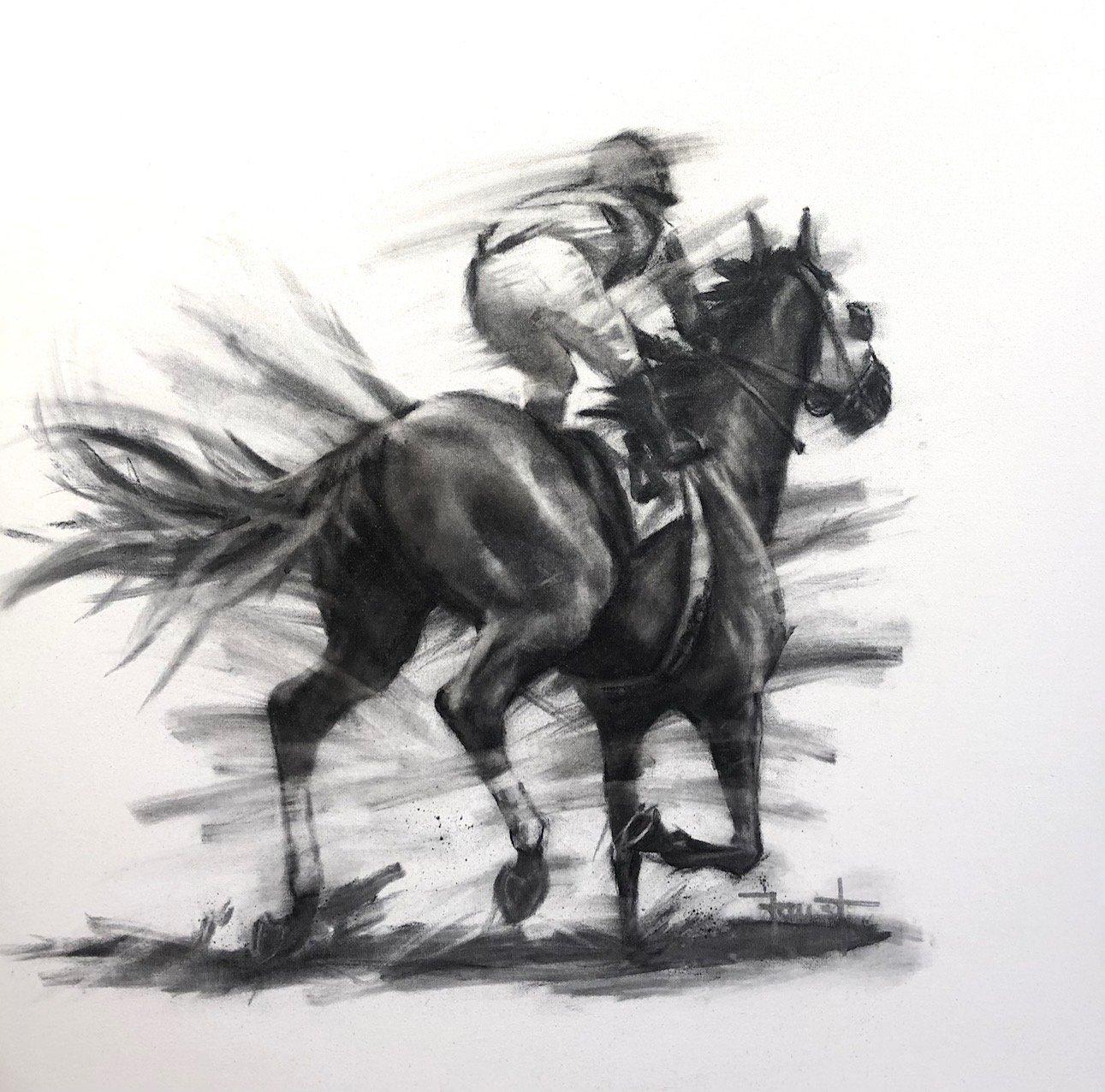 This equine drawing, "Chasing the Lead" is a 30x30" black and white charcoal paintings on canvas by artist Shawn Faust depicting a horse and jockey heading towards the big race. Complimentary to Faust's traditional oil works, these charcoal on