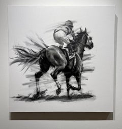 Shawn Faust, "Chasing the Lead", Black and White Equine Horse Race Charcoal