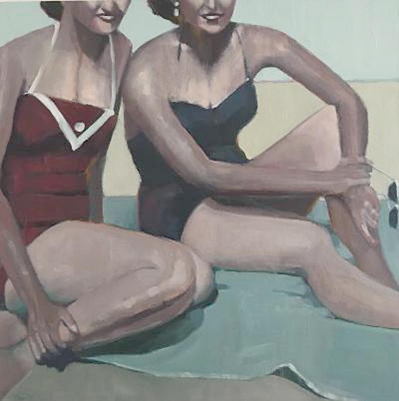 Beth Dacey's "Fun in the Sun" is a 36x36 oil painting on canvas of two women in vintage swimwear sitting on a teal towel against a beach landscape.  One woman is in a navy blue swimsuit and the other in a dark red one piece with white