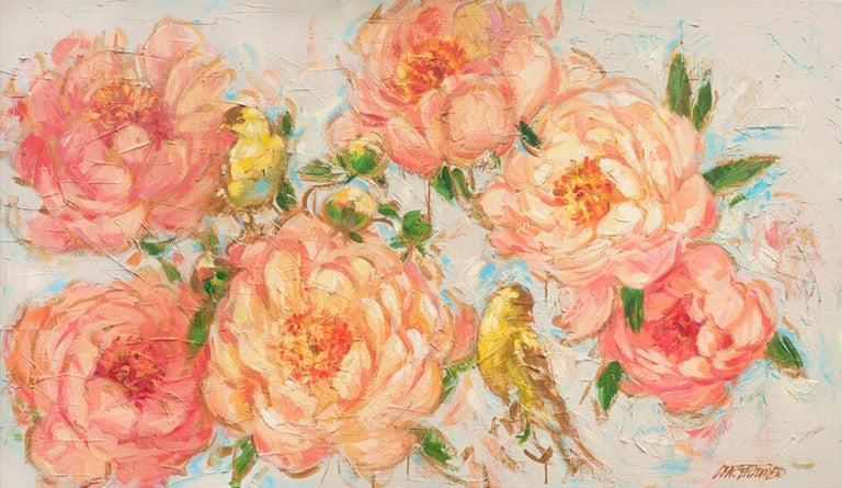 This colorful floral impressionist painting, "Coral Sunset" by artist Lisa Palombo is a 38x66 acrylic painting on canvas.  Depicted are large peach pink blooms and yellow finch birds against a lighter pink background with blue underpainting and gold
