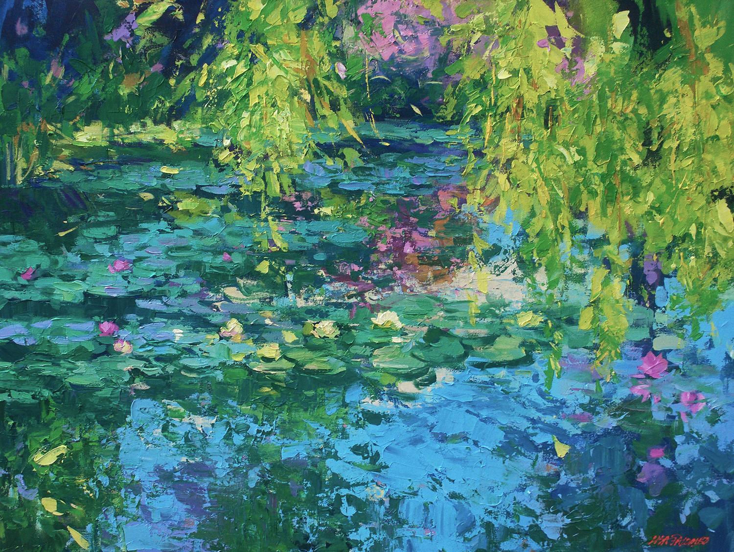 an impressionist painting of a pond full of waterlilies is unmistakably the work of