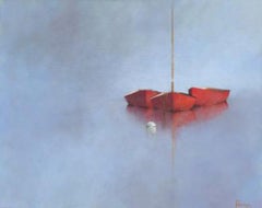 Leslie Berenson, "Red Trio", Misty Boats in Water, Oil Painting on Canvas, 2020