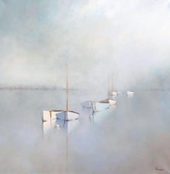 Leslie Berenson "A Light Morning Fog" Misty Boat Seascape Oil Painting, 2020