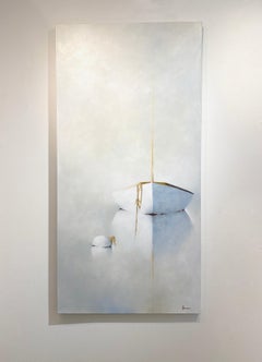 Leslie Berenson, "Hear the Calm", Misty Sailboat and Buoy Oil Painting, 2020