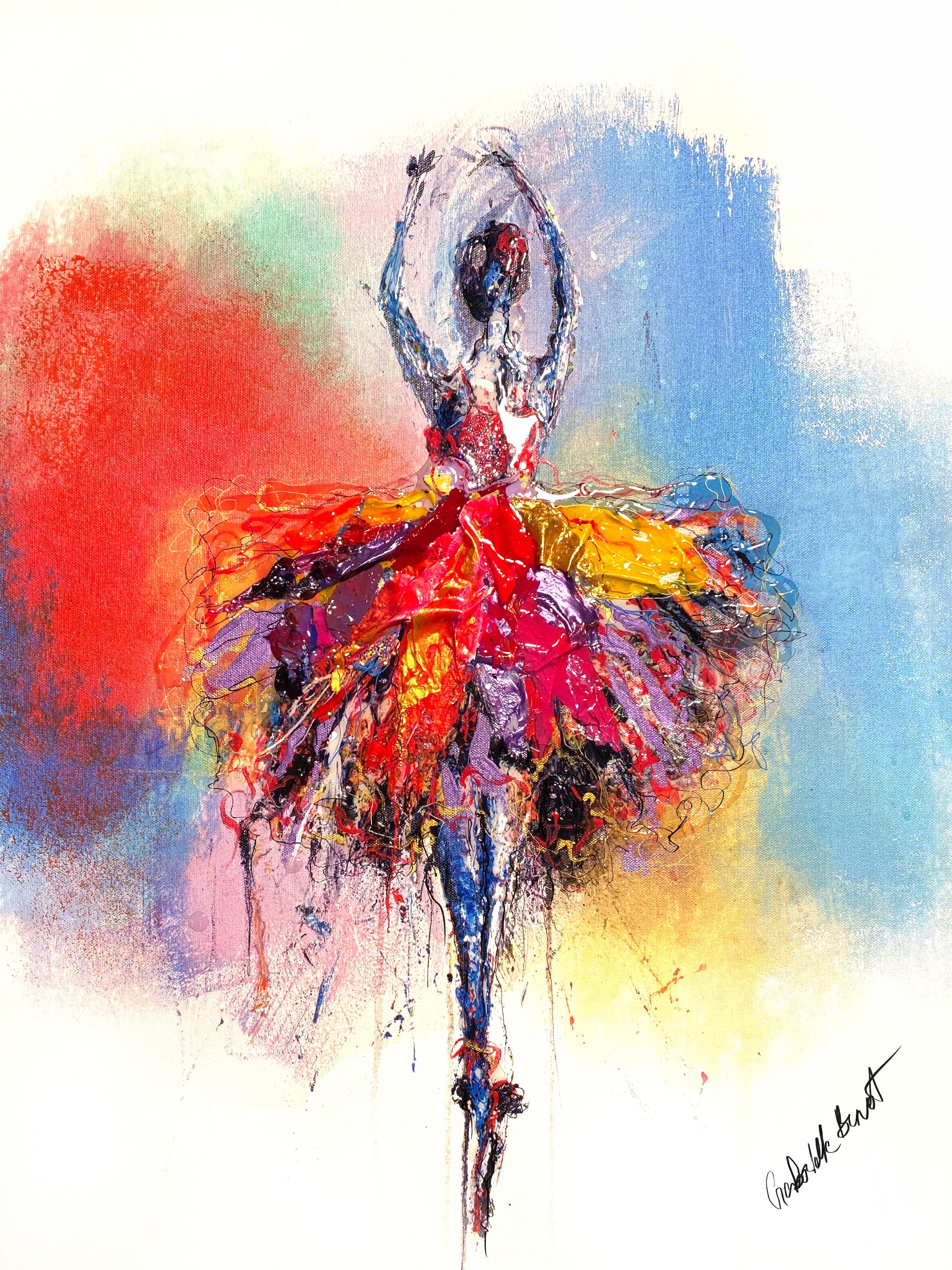 This abstract figurative painting, "Etoile" by artist Gabrielle Benot is a 30x24 original mixed media painting on canvas.  Depicted is a colorful abstract ballet dancer in passe on pointe with arms in fifth position.  To create a three dimensional