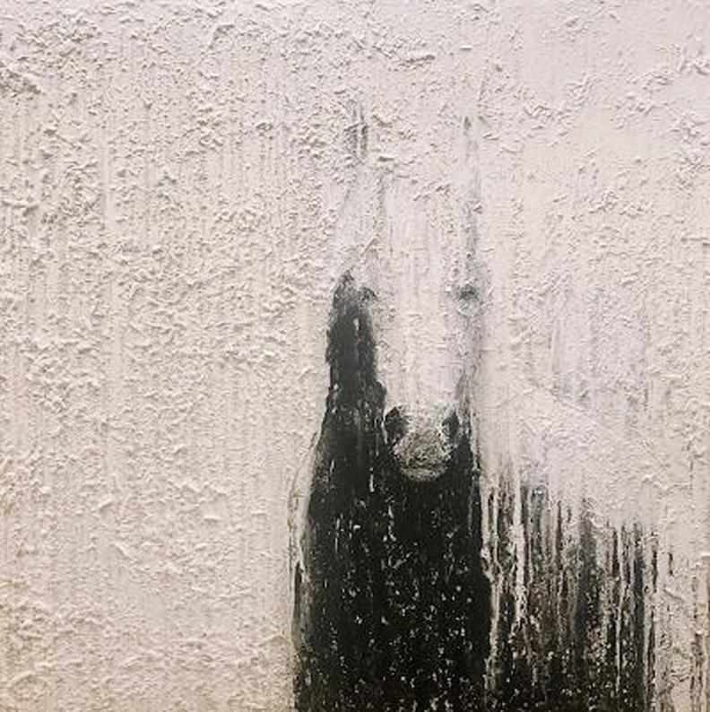 This abstract equine painting, "Ombre" by artist Gabrielle Benot is a 36x36 original mixed media painting on canvas.  Depicted is an abstract horse portrait, from a frontal view, in white and grey.  To create three dimensional effect the artist
