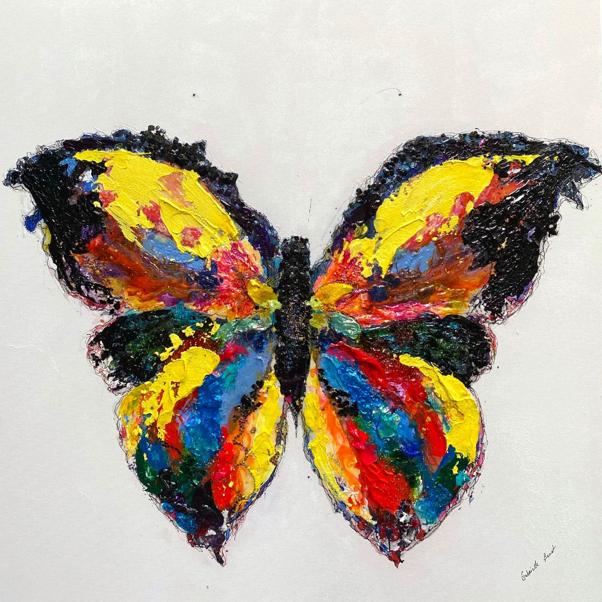 "Fly Free", Colorful Contemporary Butterfly Mixed Media Painting on Canvas