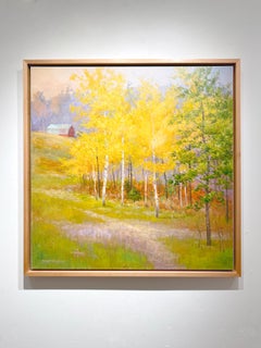 Robert Amirault, "Primavera", Paesaggio rurale con fienile, verde e albero giallo