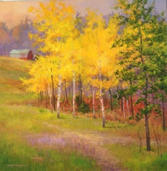 Robert Amirault, "Springtime", Rural Barn Green Yellow Tree Landscape 