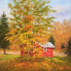 Robert Amirault, "Autumn Time", Red Cabin Fall Landscape Trees Oil on Canvas