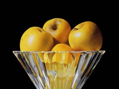 Ora Sorensen:: "Pommes jaunes" Peinture à l'huile sur toile photoréaliste de coupe de fruits