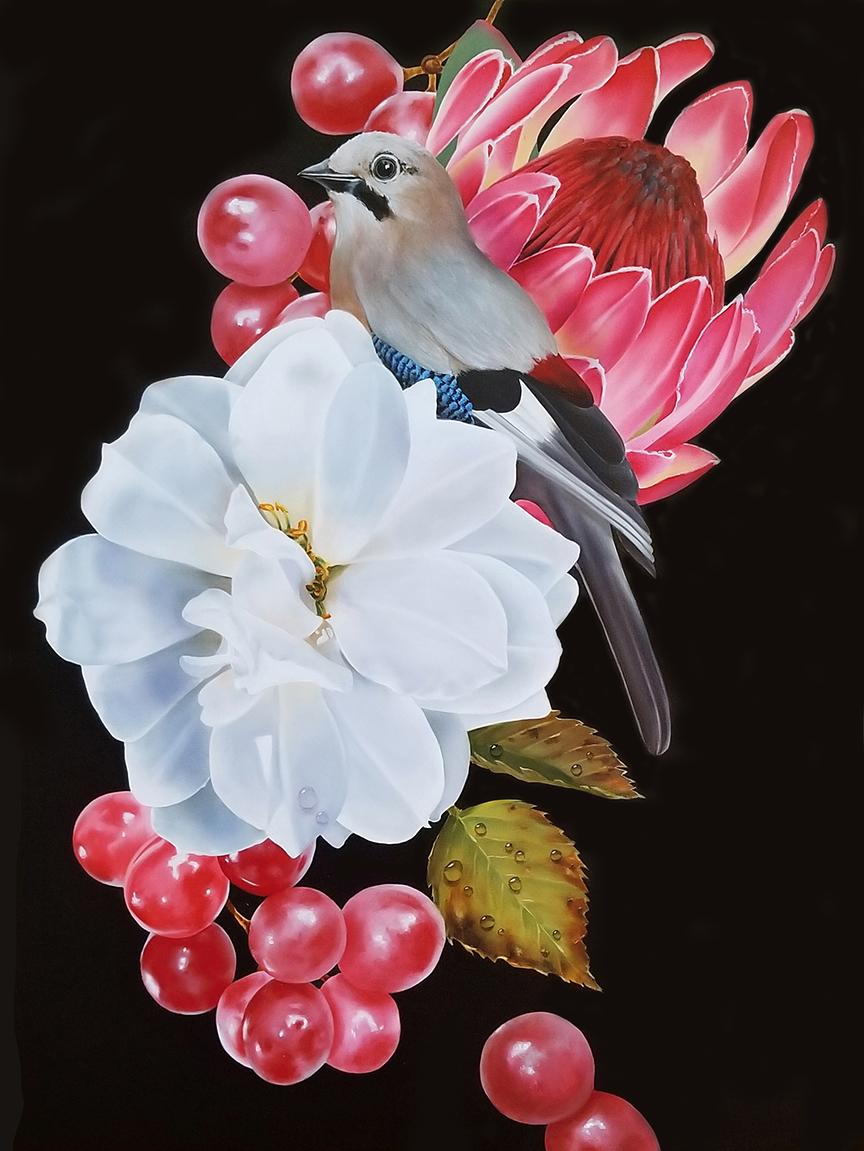 Ora Sorensen "Pájaro y uvas" Pintura al óleo floral fotorrealista sobre lienzo