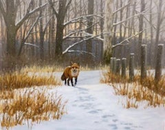 Beth Parcell "Snow Flurries" Winter Fox Forest Landscape Oil on Canvas, 2018
