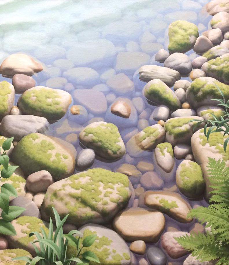 Cette scène de nature photoréaliste "Autumn Pond" de l'artiste Ken Otsuka est une peinture à l'huile originale sur toile de 38x28.  Il représente un étang par une journée ensoleillée, entouré de plantes vertes luxuriantes.  Les rochers commencent à