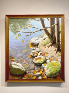 Ken Otsuka "Pause in Autumn", Realistic Fall Rocky Shore Oil Painting on Canvas