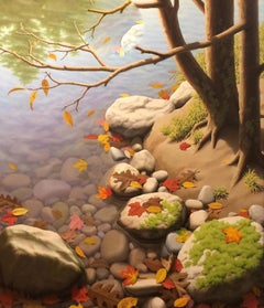 Ken Otsuka "Pause in Autumn", Realistic Fall Rocky Shore Oil Painting on Canvas