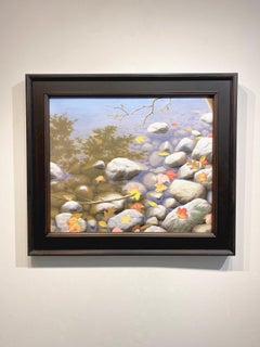Ken Otsuka, "Autumn Pond", Realistic Fall Rocky Shore Oil Painting on Canvas
