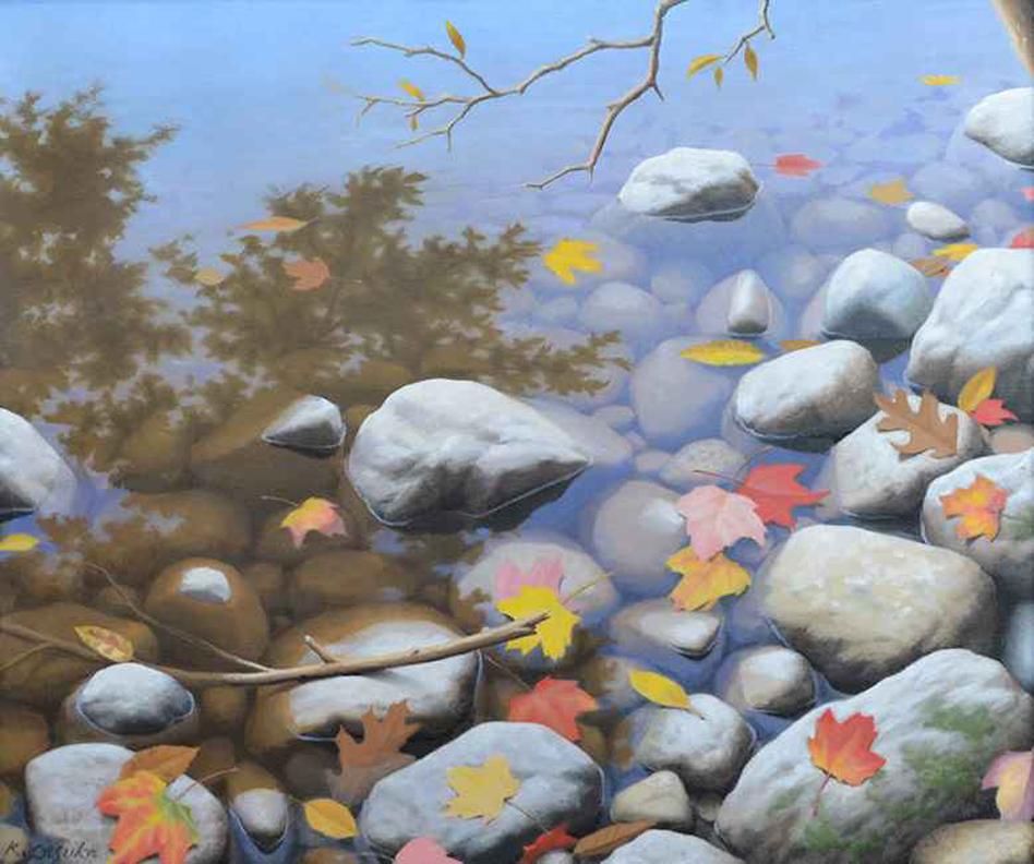 Ken Otsuka, "Autumn Pond", Realistic Fall Rocky Shore Oil Painting on Canvas