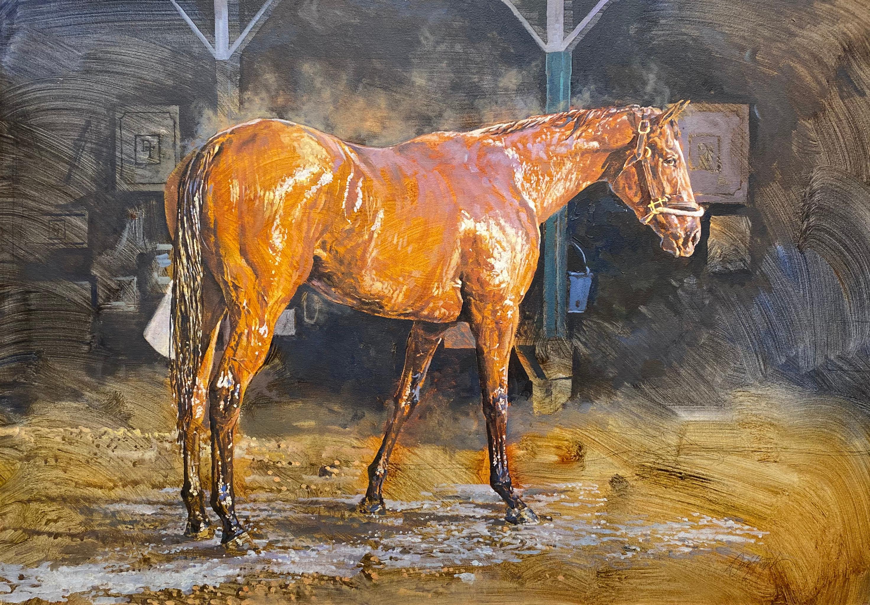 Dieses realistische Pferdebild "After the Bath" des Künstlers Dahl Taylor ist ein 24x34 großes Ölgemälde auf Leinwand, das ein braunes Pferd nach dem Bad zeigt, dessen Fell im warmen Sonnenlicht glänzt. Im Hintergrund sind Ställe zu sehen. Dies ist