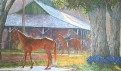 Peinture à l'huile d' Equine, Dahl Taylor, « Stables with Blue Buckets », 24x40 cm