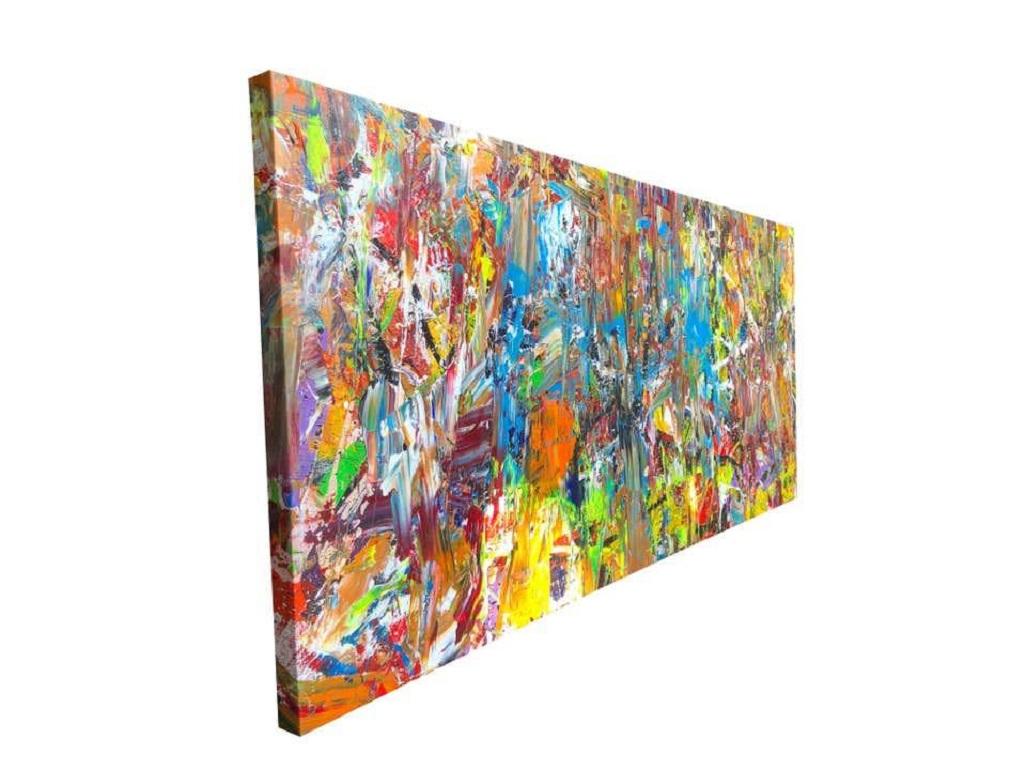 Electric city is an acrylic abstract expressionist painting by Troy Smith from Troy Smith Studio. Energy and movement are apparent within the brushstroke and pallet work of this large action-painted painting. Vivid colours make up the scene for a