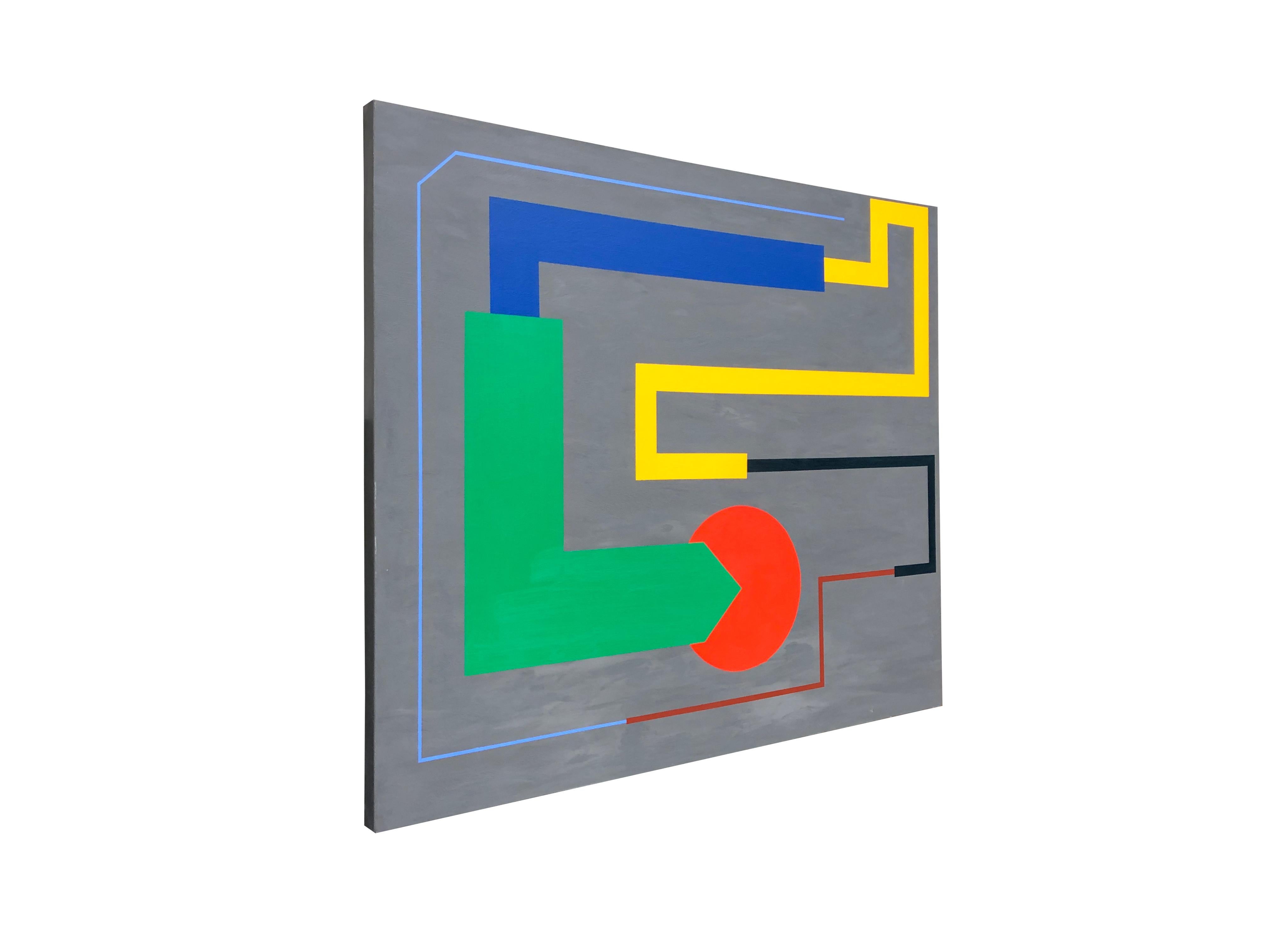 Follow The Leader è un'esplorazione astratta del movimento e della direzione, che utilizza forme geometriche audaci e colori contrastanti per guidare l'occhio dello spettatore sulla tela. La composizione presenta una struttura a labirinto spigolosa,
