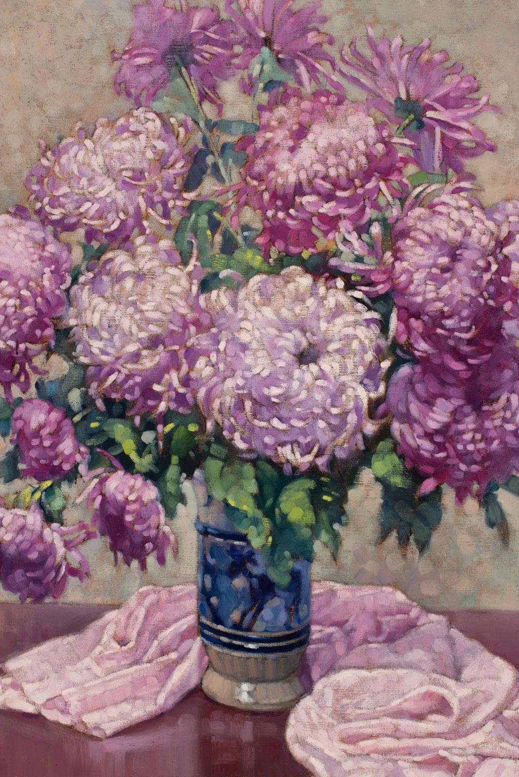 Untitled Floralscape [Vase Aux Chrysanthèmes Violets], an original oil on canvas by Paul Terpereau, is a piece for the true collector. Terpereau's use of bold colors and rhythmic brush strokes immediately grabs the viewer's attention, highlighting