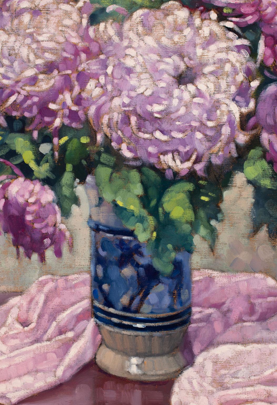 [Vase Aux Chrysanthèmes Violets] Large Floralscape Painting by Paul Terpereau 1
