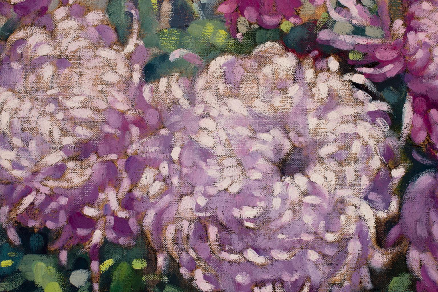 [Vase Aux Chrysanthèmes Violets] Large Floralscape Painting by Paul Terpereau 2