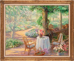 Massive 6-Foot Garden Scene Oil Painting on Canvas by Corinne Hartley, Framed