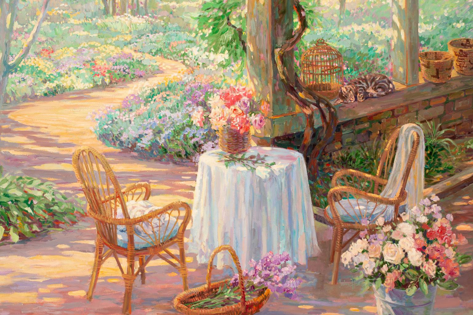 Untitled Garden Scene, an original oil on canvas by Corinne Hartley, is a piece for the true collector. The viewer is invited to step into the painting to explore the scene within and imagine gazing at an easel of a plein-air painter with the