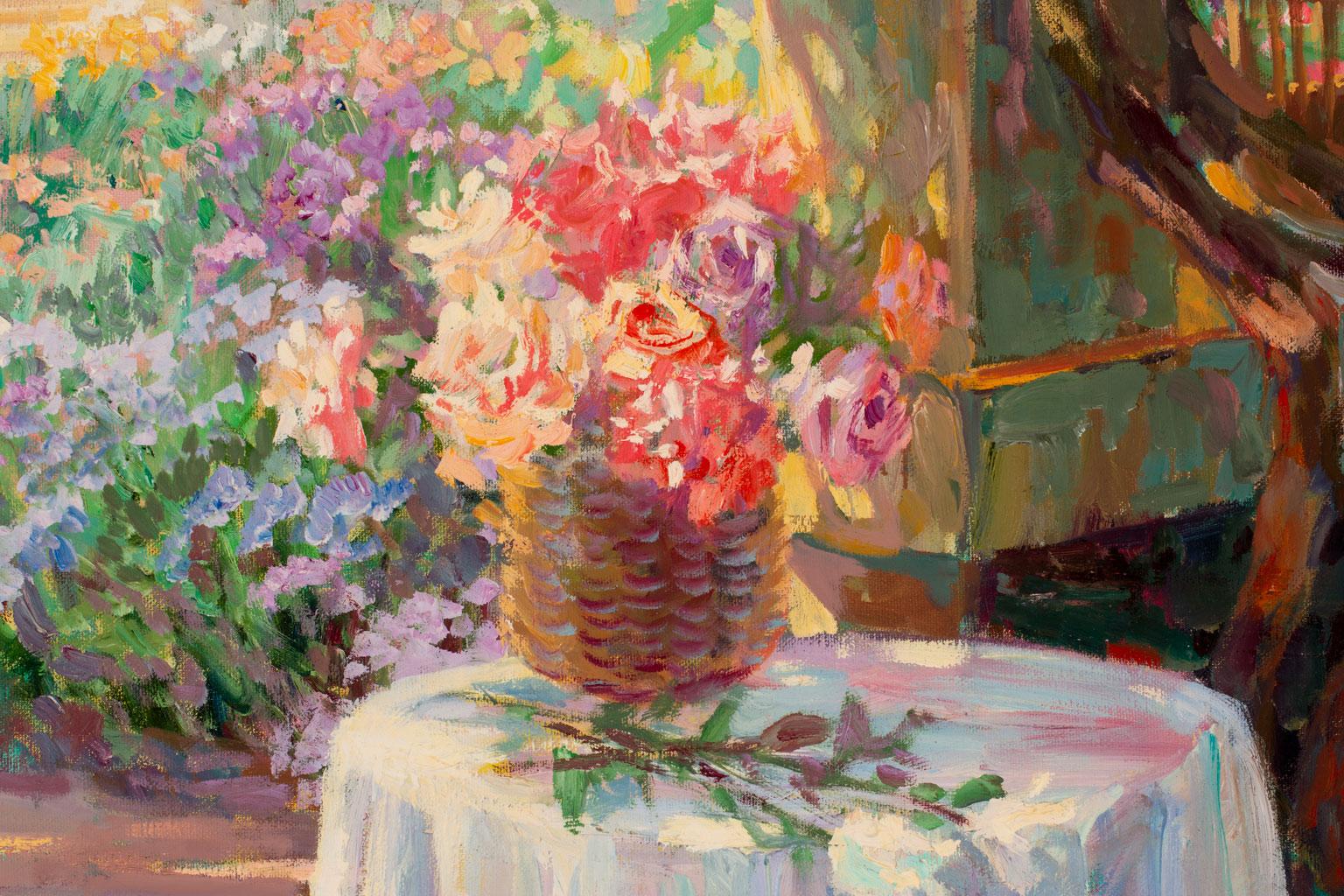 Massive 6-Foot Garden Scene Oil Painting on Canvas by Corinne Hartley, Framed 2
