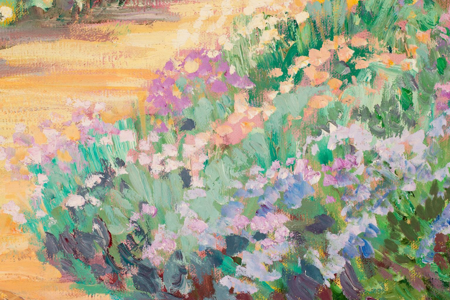 Massive 6-Foot Garden Scene Oil Painting on Canvas by Corinne Hartley, Framed 4