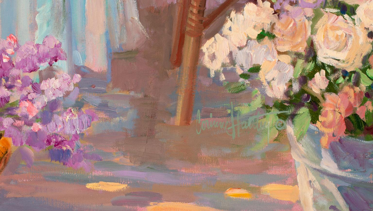 Massive 6-Foot Garden Scene Oil Painting on Canvas by Corinne Hartley, Framed 7