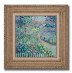 Garden Scene Landscape Oil Painting on Canvas by Irene Borg, Framed