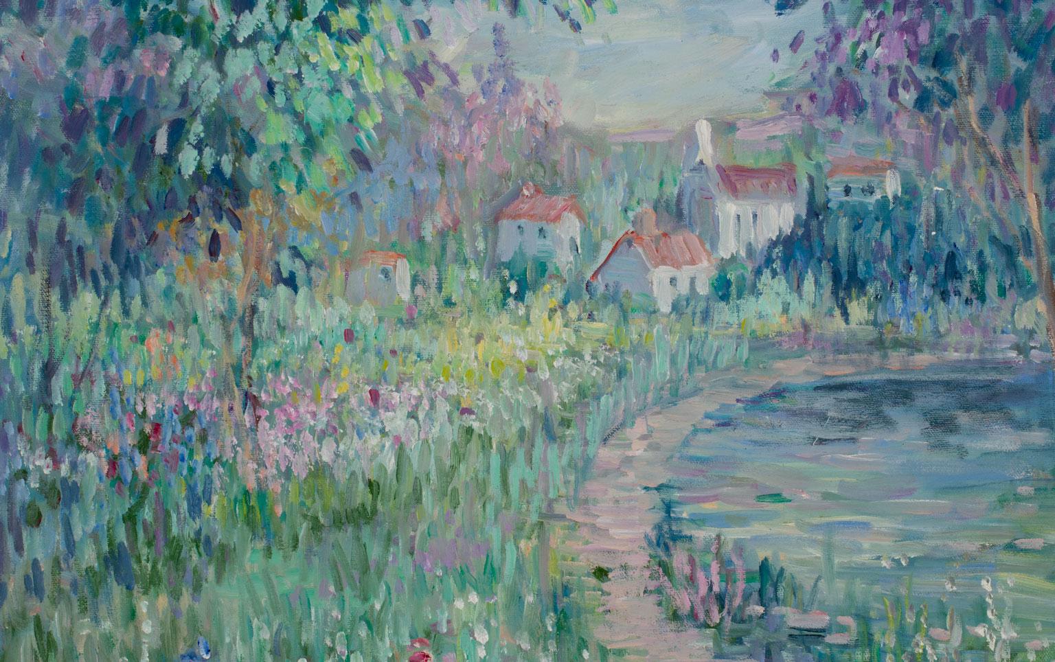 Untitled Landscape, an original oil on canvas by Irene Borg, is a piece for the true collector. The viewer is invited to step into the painting to explore the scene within and imagine gazing at an easel of a plein-air painter with the greenery and