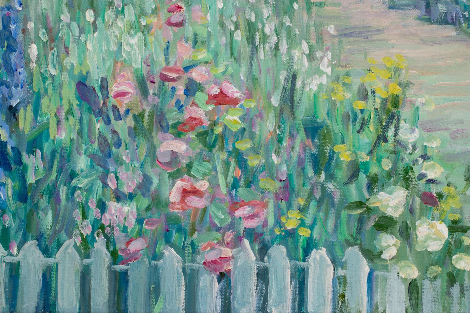 Garden Scene Landscape Oil Painting on Canvas by Irene Borg, Framed 1