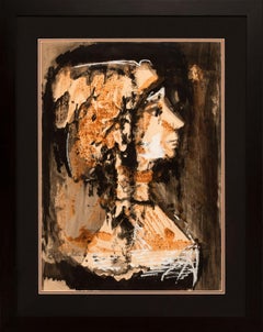 Original Mixed Media Figurative Bust Painting on Paper by Etienne Ret, Framed