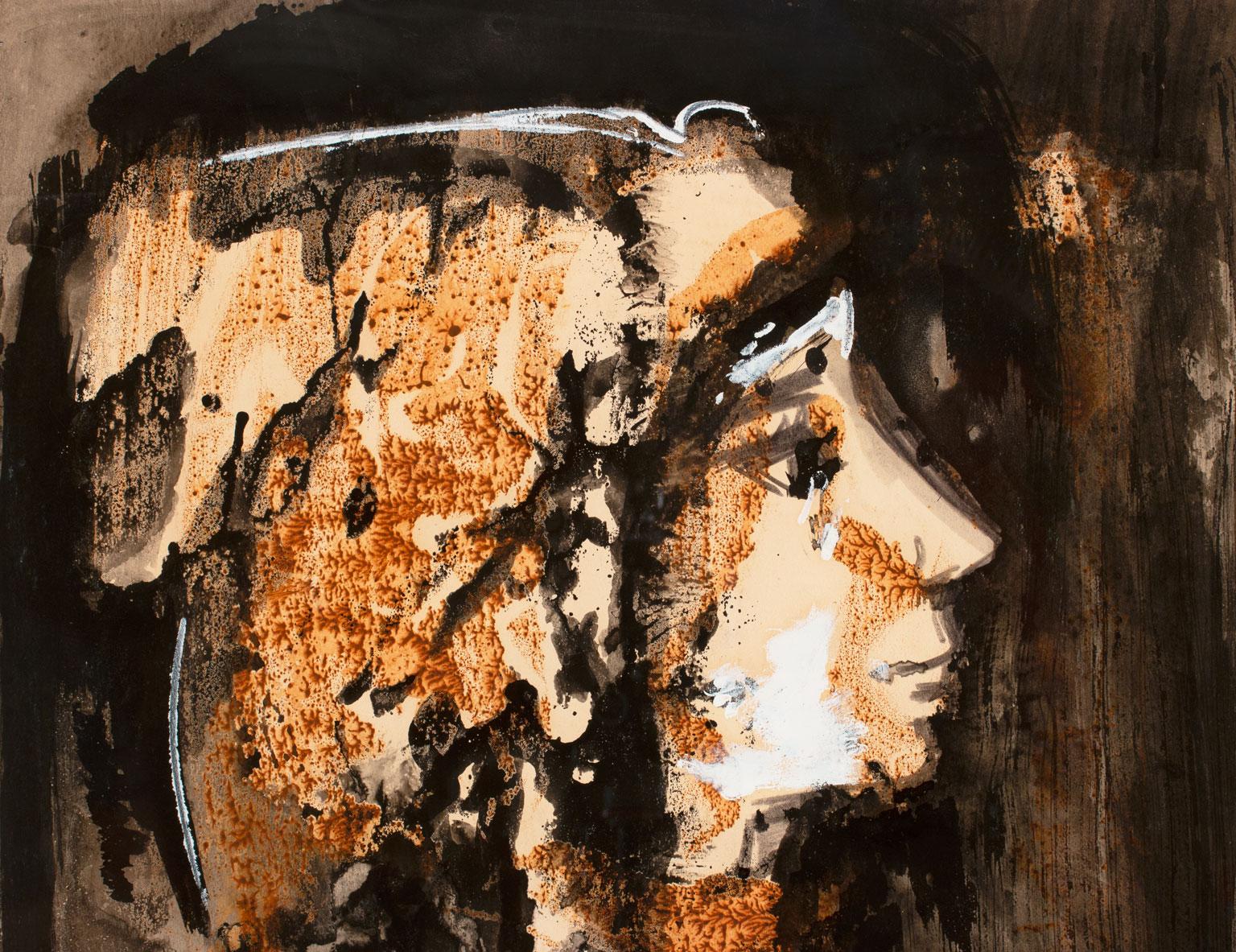 Pintura figurativa de busto original en técnica mixta sobre papel de Etienne Ret, enmarcada 3