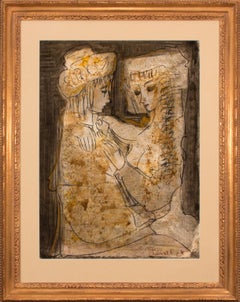 "Les Amoureux" Original Mixed Media Painting on Paper by Etienne Ret, Framed