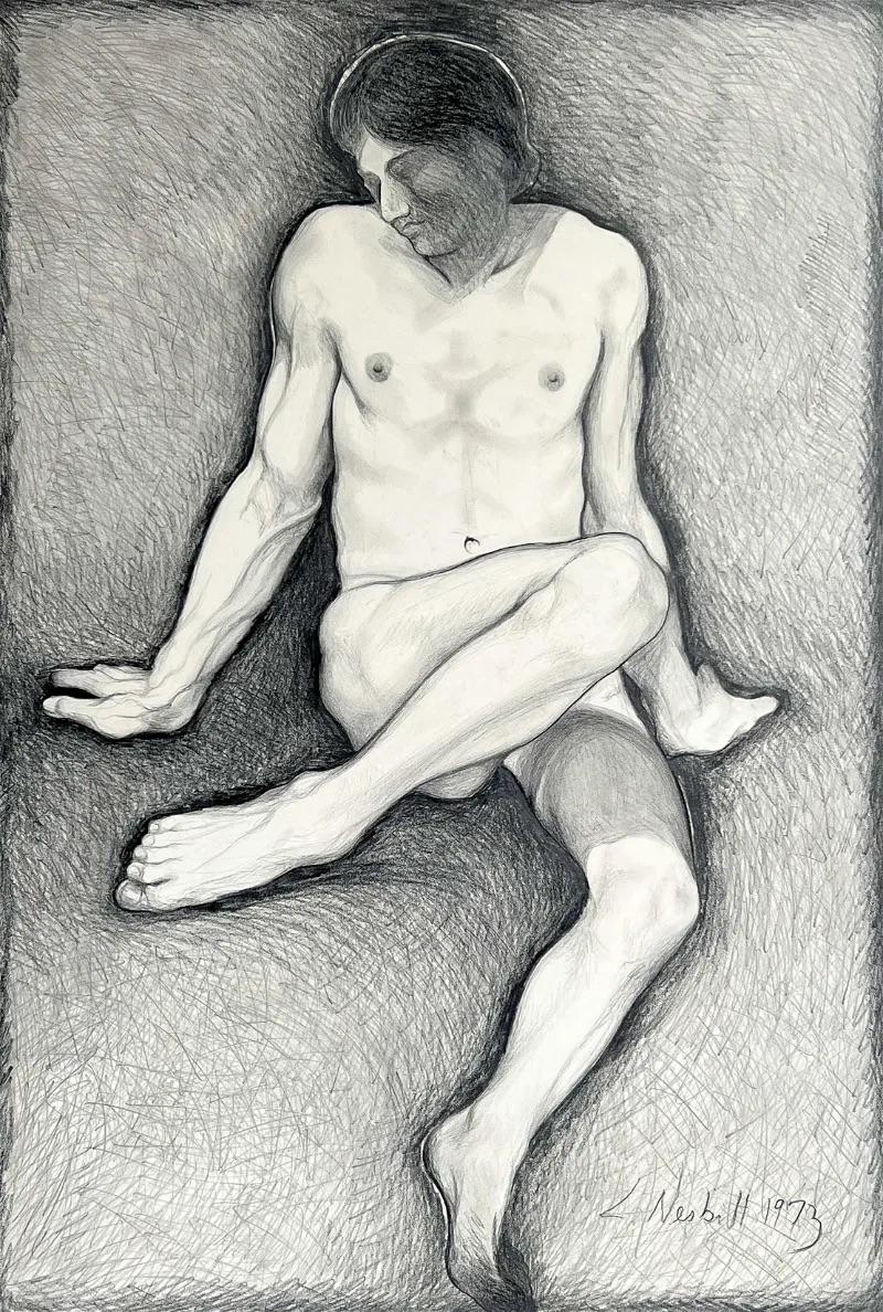 Original graphite drawing on artist’s board, 1973. Paper Size: 40 x 30.25 inches  Signed & dated in pencil.  Excellent Condition. Notes: LGBTQ, gay interest drawing.

LOWELL NESBITT (1933-1993) One of the most celebrated and most noted for his