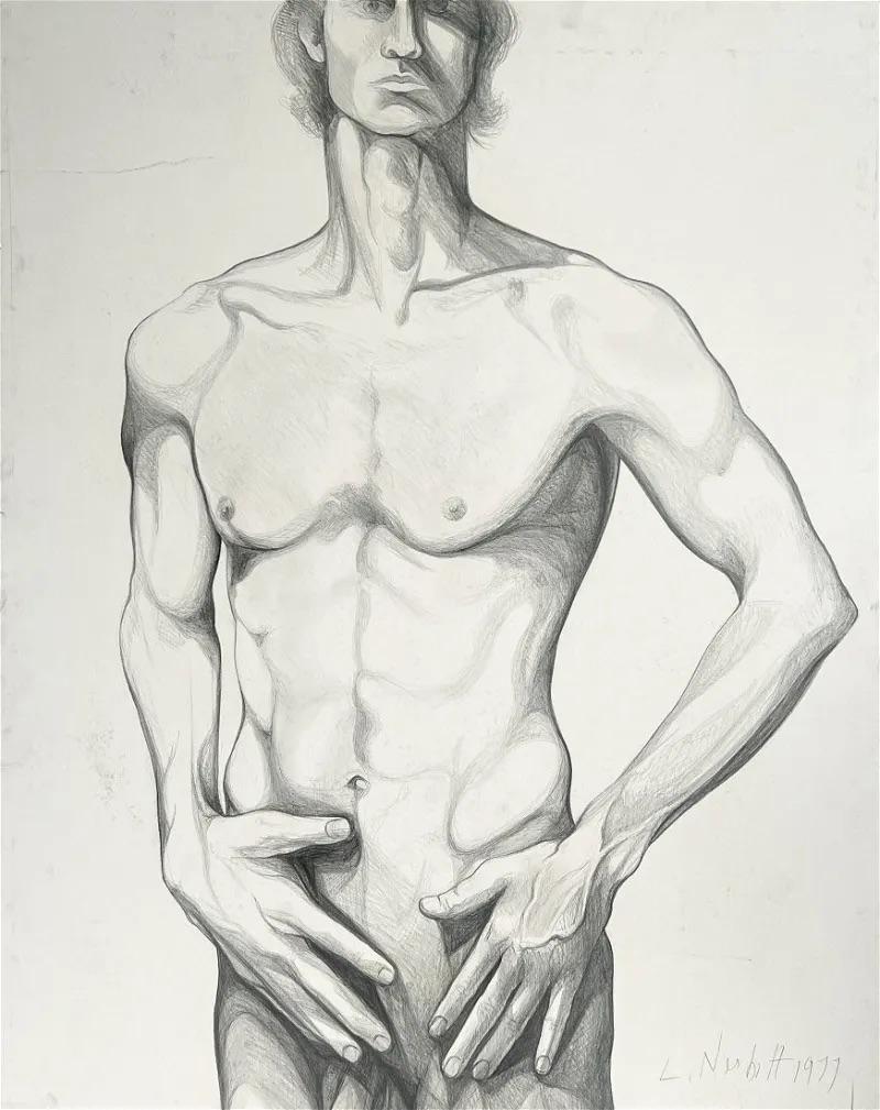 Original graphite drawing on artist’s board, 1977. Paper Size: 48.5 x 38.75 inches  Signed & dated in pencil.  Excellent Condition. Notes: LGBTQ, gay interest drawing.

LOWELL NESBITT (1933-1993) One of the most celebrated and most noted for his