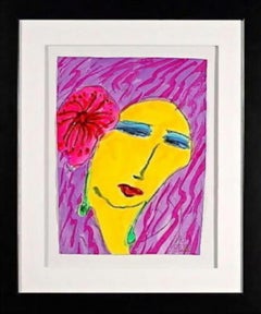 Woman with Pink Flower, Walasse Ting - PAINTING/SIGNED