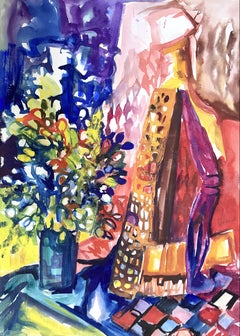 Ian Hornak, Bodegón interior con arreglo floral y textil, circa 1963
