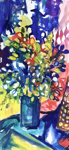 Ian Hornak, Bodegón interior con arreglo floral y textil, circa 1963