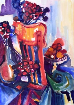 Ian Hornak, Vibrant Floral Still Life with Chair and Fruit Bowl, Circa 1963