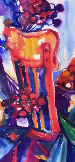 Ian Hornak, Vibrant Floral Still Life with Chair and Fruit Bowl, Circa 1963